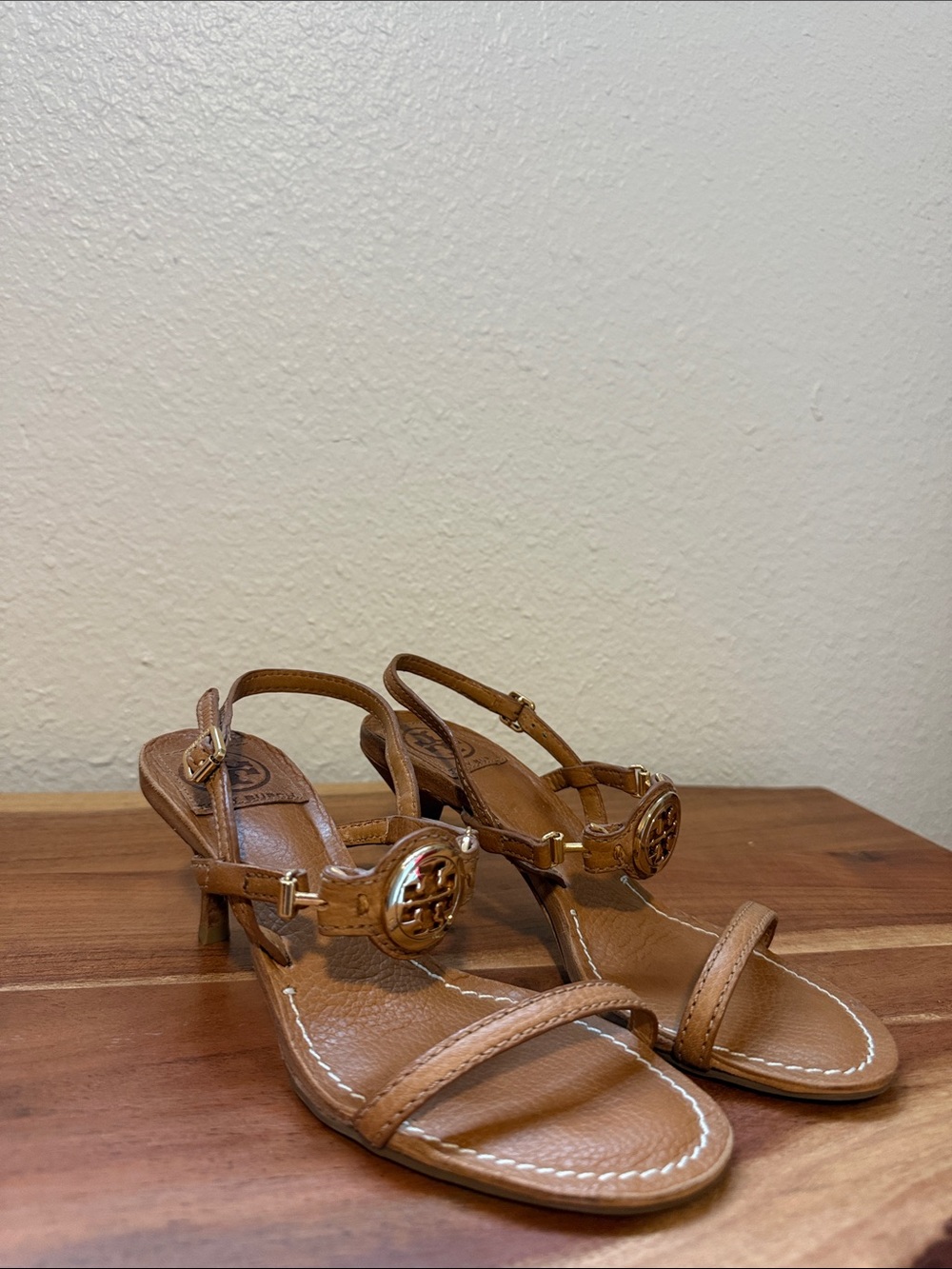 Tory Burch Brown Leather Slingback Kitten Heels with Gold Logo